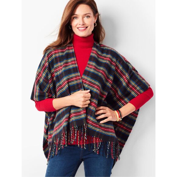Talbots Tartan Plaid Open Front Ruana Wrap Cape Shawl Fringe M/L - Picture 1 of 13